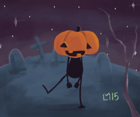 Illustrated gif. In a greyish blue graveyard, a black stick figure with a Halloween carved pumpkin for a head, dances in front of a purple night sky. White, diamond stars twinkle in the background. 