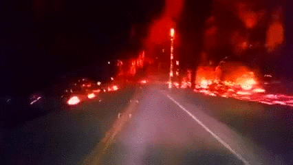 Video gif. Dashboard camera view driving down a road through an all-encompassing wildfire.