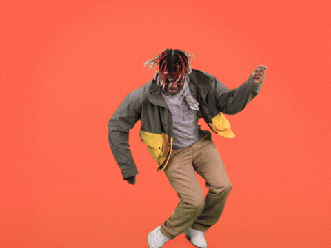 Celebrity gif. Lil Yachty does a dance before tripping as he walks away. Then the orange background behind him falls down and he looks up in surprise and text scrolls up the screen that reads, "Lil Yachty, Lil Boat 2. 1-833-Lil-Boat. Out now!"