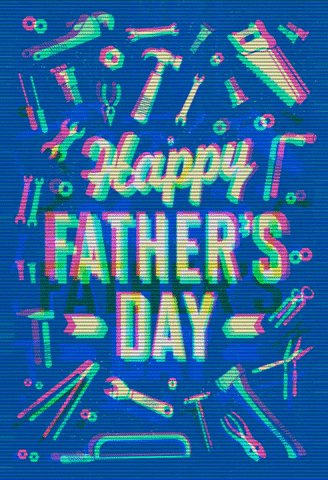Digital illustration gif. Blue pixelated birthday card with different hand tools surround the text, "Happy Father's Day."
