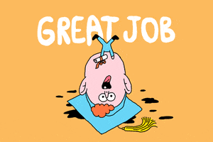 Illustrated gif. A graduate who has their grad cap and gown is toppled over and has landed on their head. Their feet and arms wave in the air and the text reads, "Great job!"