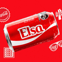 Sponsored gif. A red can of Coca-Cola with the name "Elsa" spins horizontally. Coca-Cola logos on bottle caps and sunglasses are in the background.