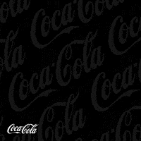 Sponsored gif. An illustration of two red Coca-Cola bottles coming together in a toast. Many Coca-Cola logos float by on a black background behind the bottles. Text reads "Amigos" 