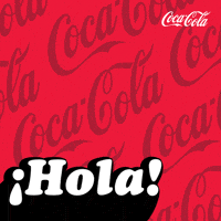 Sponsored gif. The word "¡Hola!" in white letters with a black outline rises into view. White hearts burst off the letters when they reach the middle of the screen. Red Coca-Cola logos float by in the background, and a white Coca-Cola logo is in the upper right corner. 
