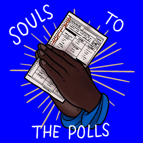 Illustrated gif. Deep brown hands together in a prayer formation, a ballot between them, rays shining from within. Text, "Souls to the polls."