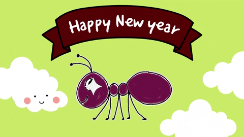 Illustrated gif. Plum colored ant with a twinkle in its eye looks at us amid puffy clouds. Banner with text reads, "Happy New Year."