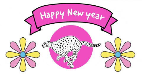 Digital art. White cheetah is frozen in a running position, but its tail wags up and down. Pink and yellow flowers spin around it. On a banner above the cheetah, it says, “Happy New Year.”
