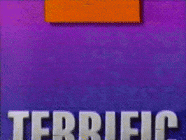 Text gif. Silver block letters reading, "Terrific Tuesday" shrink while moving upwards. A vibrant orange square slides through the bold purple background, passing behind the text.