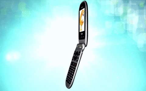 Video gif. Pictures of celebrities from the '90s flash on the screen of a flip phone as it rotates in circles.