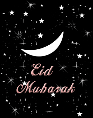 Text gif. Stars twinkle around a crescent moon on a black background. Text, "Eid Mubarak."