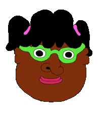 Sticker gif. Girl with green glasses and pink hair ties grins at us with bright pink lips.