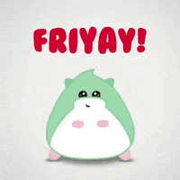 Kawaii gif. A green and white hampster smiles and bobs as his little pink hands dance in front of it. Text, "Fri yay!"