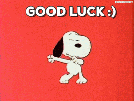 Peanuts gif. Snoopy the dog dances against a red background, shaking his head back and forth and moving his arms side to side. Text, "Good luck" followed by a smile emoticon