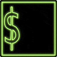 Illustrated gif. Three glowing green dollar signs pop up one by one and then blink together several times, framed by a glowing square border,