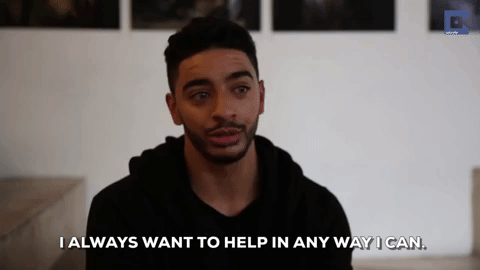 Celebrity gif. Laith Ashley, wearing a black sweatshirt, appears earnest as he says, "I always want to help in any way I can," which appears as text.