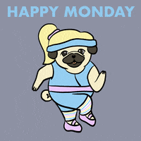 Illustrated gif. A pug with a blond ponytail wears pastel workout gear as she twists from side to side. Text, "Happy Monday."