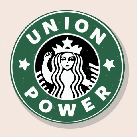 Illustrated gif. Copycat Starbucks logo on a beige background reads, "Union power." The siren at the center of the logo raises a fist as the stars beside her swivel.
