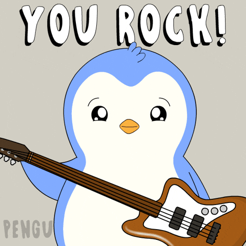 illustrated penguin holding an electric guitar and pointing at you. Captioned: you rock!
