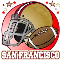 Digital art gif. A football helmet flashes San Francisco 49ers black, red, and gold next to a football and clusters of stars, also flashing team colors. Text below reads, “San Francisco.”