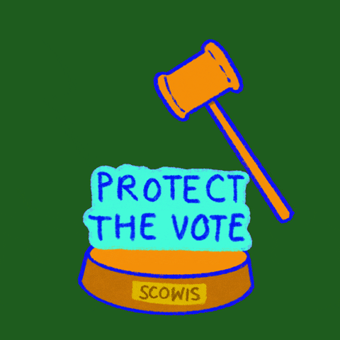 Political gif. Gavel coming down on the block, revealing alternating messages, "keep our freedoms," and "protect the vote."