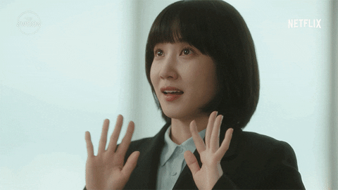 TV gif. Park Eun-bin as Woo Youngwoo on Extraordinary Attorney Woo looks up with amazement in her eyes holding her hands up and spreading her fingers out as she processes what she’s looking at.