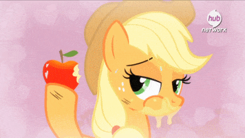 Cartoon gif. Applejack from My Little Pony holds up a red apple with a bite taken out of it and chews, then wipes juice dripping off her chin.