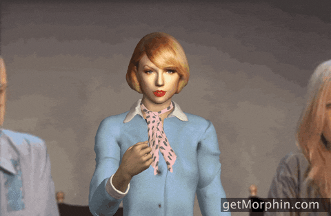 Digital art gif. Taylor Swift tosses a handful of gold confetti in the air in celebration. 