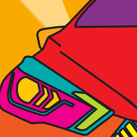 Digital art gif. Colorful car speeds down the road as lights flash past.