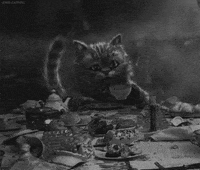 Movie gif. Black-and-white scene of the Cheshire Cat, from the 2010 Alice in Wonderland, behind a busy tea table, grinning as he raises his teacup.