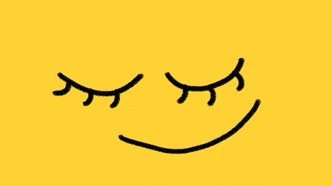 Illustrated gif. Against a bright yellow backdrop, a smiley face with closed eyes and long eyelashes wiggles contentedly.