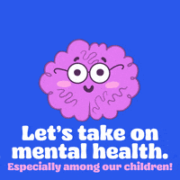 Illustrated gif. Lilac-colored brain personified with glasses and a smile stretches its arms up and out, unleashing rainbows of pink and purple hearts. Text on a periwinkle background, "Let's take on mental health. Especially among our children!"