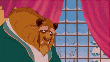 Disney gif. Beauty and the Beast sit at the Beast's dining table and raise their plates in toast to each other before drinking straight from the plate.