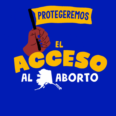 Text gif. Brown hand with blue fingernails in front of bright blue background waves a yellow flag up and down that reads, “Protegeremos” followed by the text, “El acceso al aborto Alaska.”