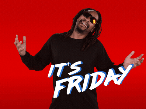 Celebrity gif. Lil Jon sways back and forth, spreading his arms out gracefully, with a big smile on his face. Text says, “It’s Friday.”