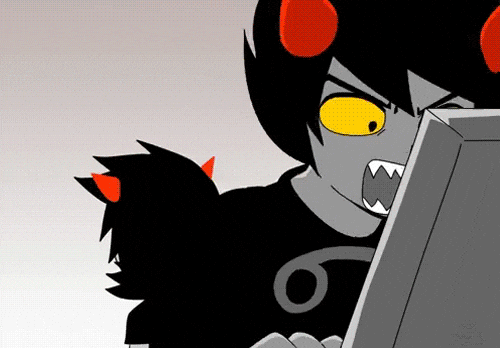 a gif of karkat yelling at a computer with terezi in the background, animated in the style of triple baka