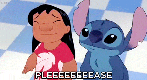 Cartoon gif. Lilo stands near Stitch, a big eared, wide-mouthed dog-like blue alien. In unison, they squint their eyes and raise clasped hands. Long drawn out letters read, "Please."
