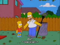 The Simpsons gif. Standing in a yard, Bart and Homer high five, but Homer falls backward, dropping his rake and knocking over a trashcan full of leaves.