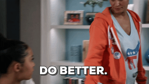 TV gif. Tracee Ellis Ross as Rainbow in Blackish. She walks away from the dining table while pointing at someone who's sitting down and says, "Do better."