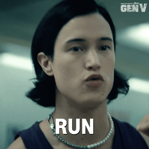 Sponsored gif. Male version of Jordan Li from the Amazon Prime show Gen V looks determined and says, “Run.” Text reads, “Run.”