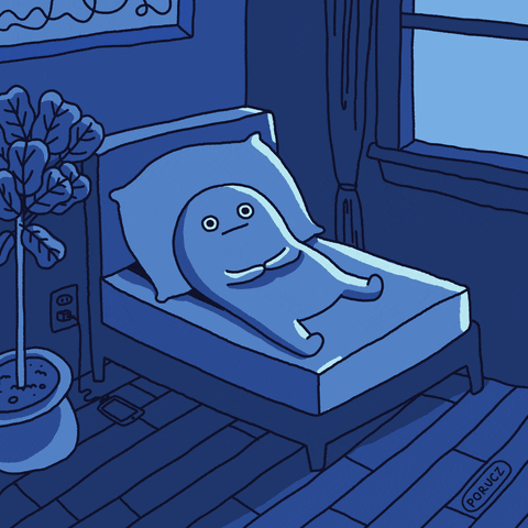 Cartoon gif. In a bedroom that has a monochrome navy blue palette, a thumb-shaped character lies wide awake in bed, unable to fall asleep despite how late it is.