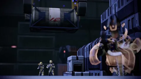 a cute Salarian gets surpised by an explosion behind them and someone flies past them
