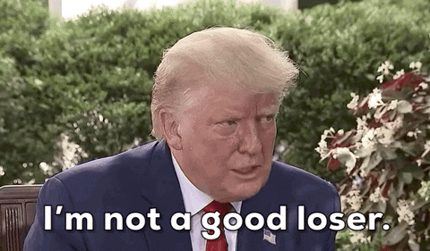 Video gif. Donald Trump casually downplays his inability to cope. Text, "I'm not a good loser."