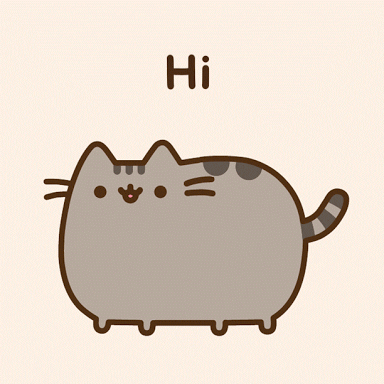 Kawaii gif. Pusheen the cat bounces her chubby cat body up and down slightly while looking at us with a small smile. Text, “Hi.”