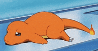 Anime gif. Charmander on Pokémon lays on a metal counter completely worn out. The flame on his tail is small and fading.