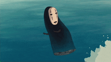 Anime gif. No-Face from Spirited Away wades through water but gets knocked over by a pair of tall waves.