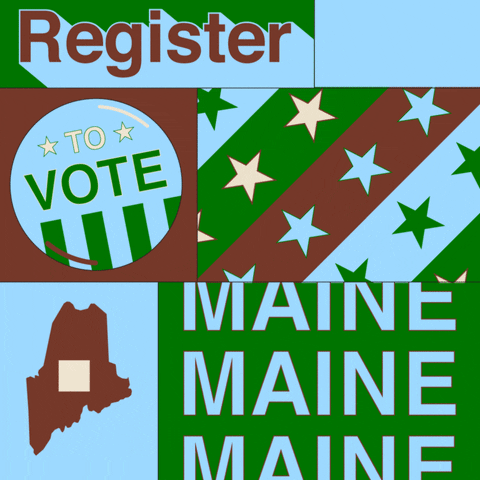 Digital art gif. Collage of boxes features the shape of Maine with a box being checked, several colorful stripes filled with stars, and a “Vote” button that dances back and forth. Text, “Register to vote Maine.”

