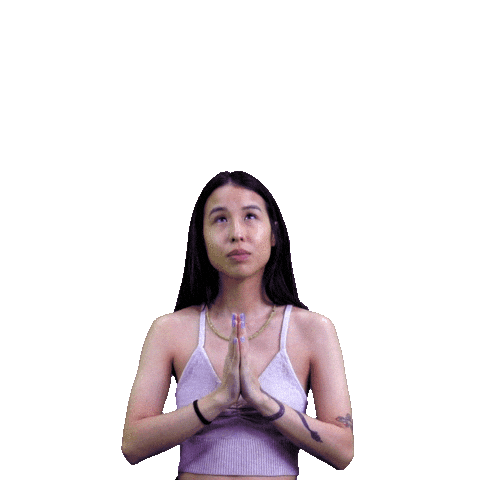 Digital art gif. Woman stands with her hands pressed together in a prayer gesture, looking up to the sky and nodding her head gratefully. Text above her says, "Thanks Dad."