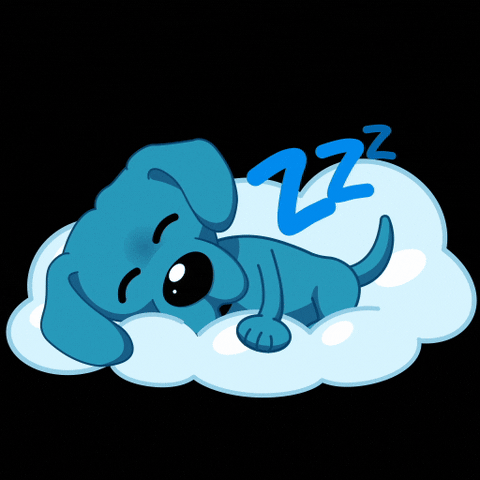 Cartoon gif. A blue dog sleeps and snores peacefully in a bouncy, light blue cloud. 