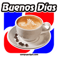 Digital compilation gif. Picture of a latte with a decorative foam design and coffee beans on its saucer. Text drops into frame, "Buenos dias."