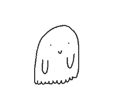 Illustrated gif. A black sketch of a ghost floats in the air and turns around holding a sign that reads, "Boo!"